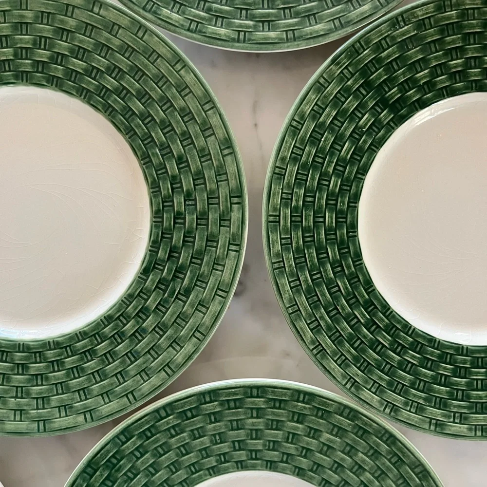 Pier 1 Stackable Coffee Mug & Basket Weave Green/white Saucer Set Of 6 Italy